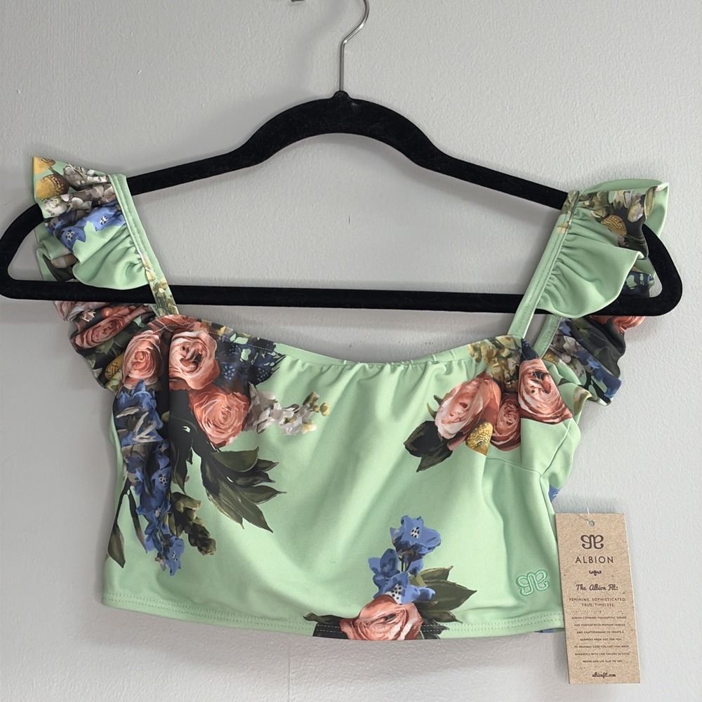 Albion Womens Small Swim Top Green Floral Ruffle Strap Bikini Top NWT Vacation